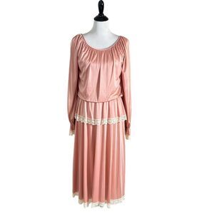 Vintage‎ 70s Union Made Midi Dress Size M Floral Lace Long Sleeve Pink Feminine